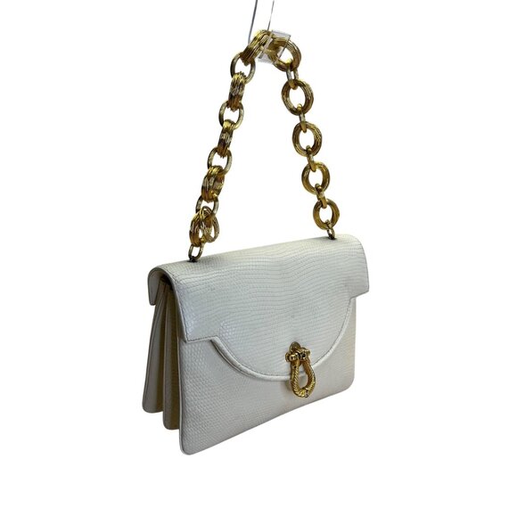 Vintage Finesse White Faux Lizard Leather Handbag Gold Chain Strap & Twist Clasp - Picture 4 of 8